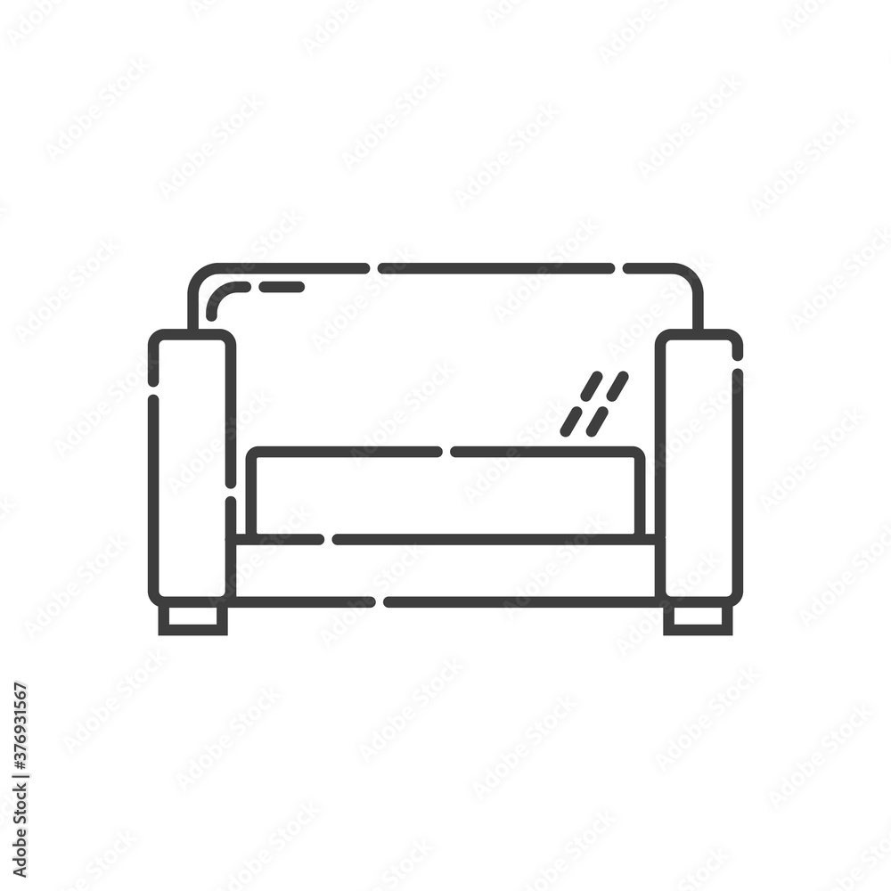 Comfortable sofa with one pillow. Image of couch in line art style. Element furniture of the interior. Modern stylish object for relaxation. Flat illustration with settee on white background Comfortable sofa with one pillow. Image of couch in line art style. Element furniture of the interior. Modern stylish object for relaxation. Flat illustration with settee on white background