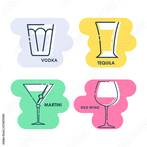 Wineglass vodka tequila martini red wine line art in flat style. Isolated on colored shape as background. Restaurant alcoholic illustration for celebration design. Contour element. Beverage icon