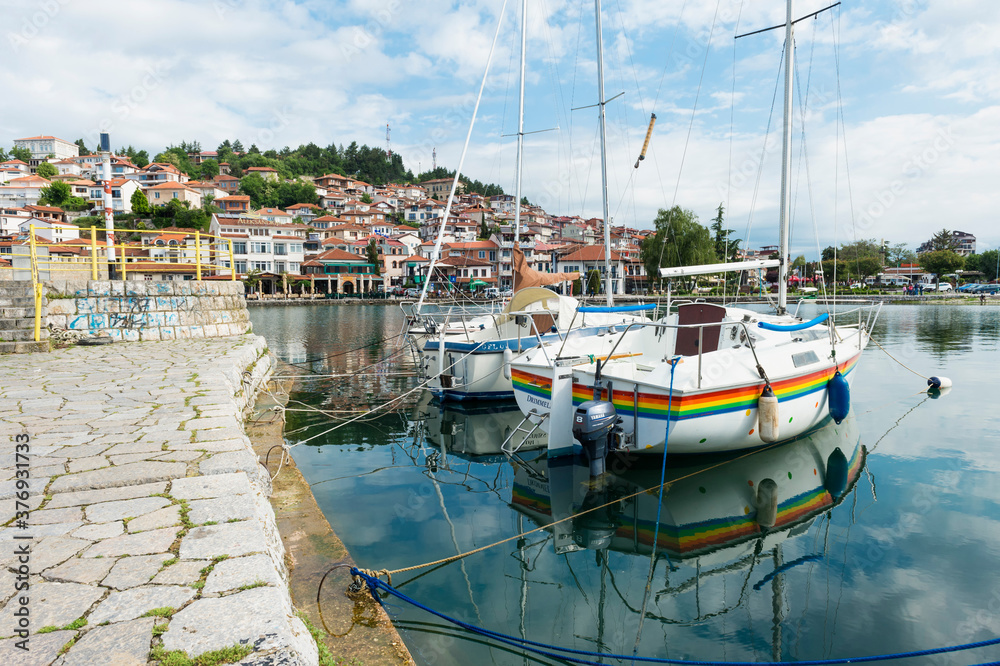 Boats reflecting on Ohrid lake, Ohrid, Macedonia