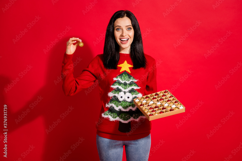 Portrait of her she nice attractive lovely glad cheerful cheery girl holding in hand box small little tiny toy balls decorate isolated bright vivid shine vibrant red color background Portrait of her she nice attractive lovely glad cheerful cheery girl holding in hand box small little tiny toy balls decorate isolated bright vivid shine vibrant red color background