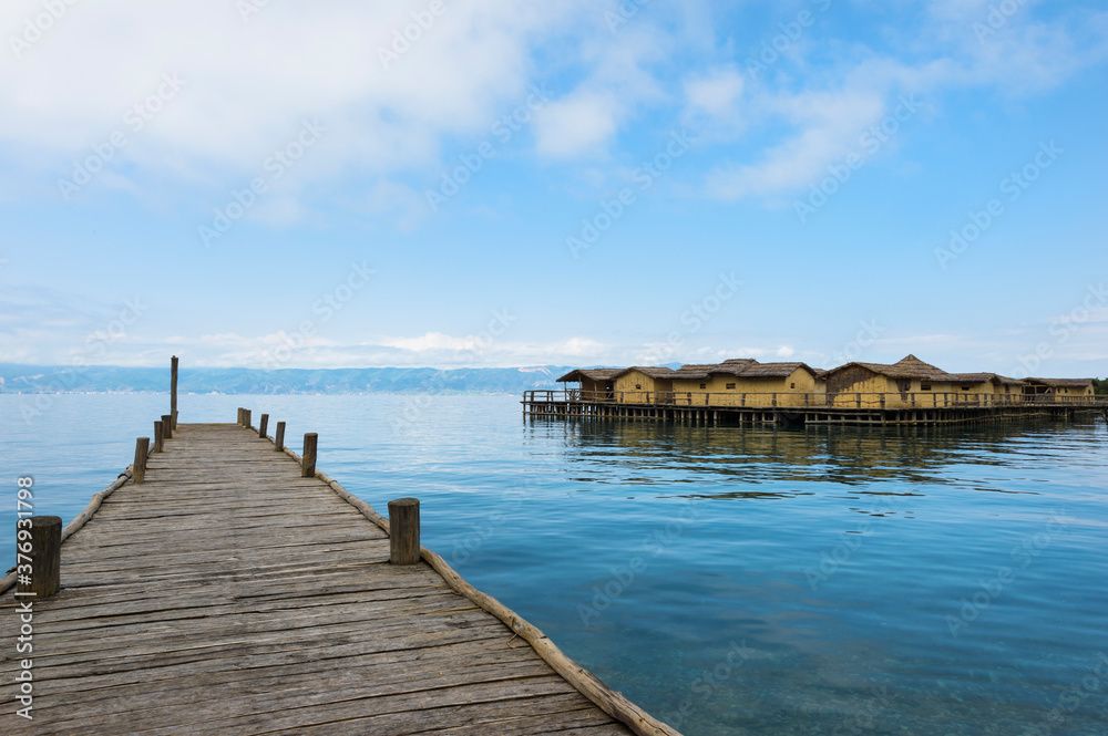 Lacustrine Bay of Bones Archaeologic museum built on a platform of 10.000 wooden piles, Ohrid lake, Macedonia