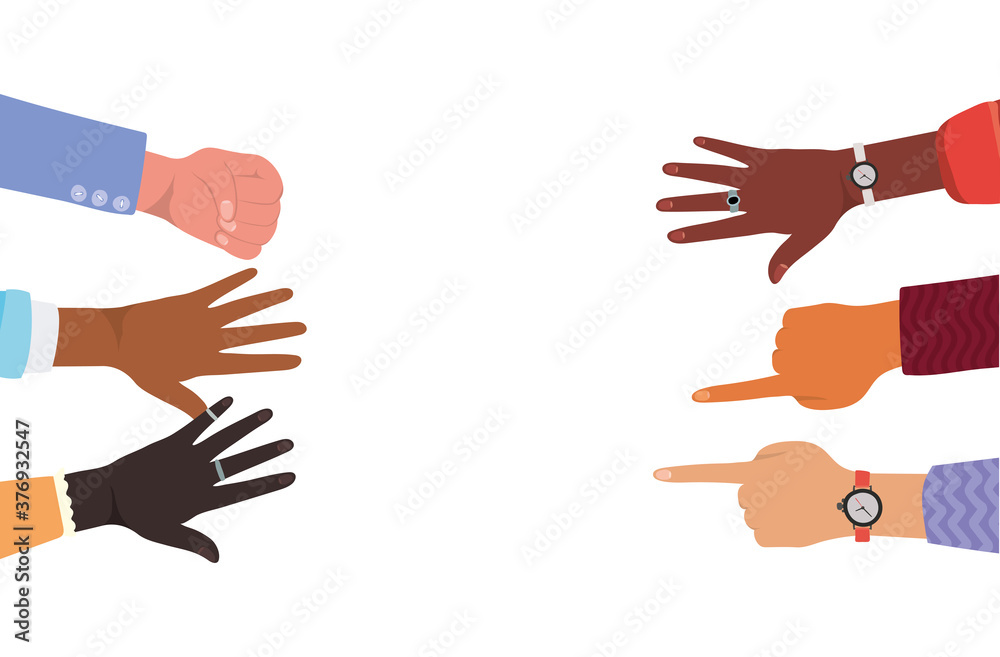 hands with number one and fist sign of different types of skins vector design