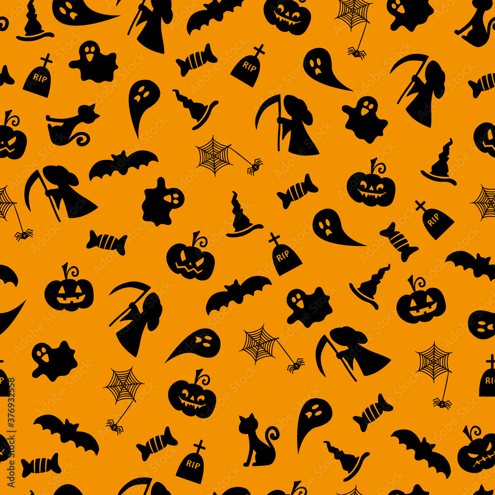 Halloween seamless pattern. Different black icons on orange background