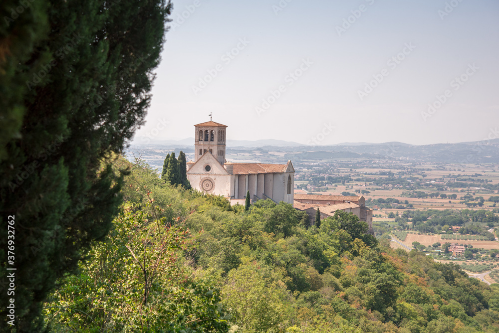 View from top of  Subasio hill of the Church of saint francis, assisi, italy