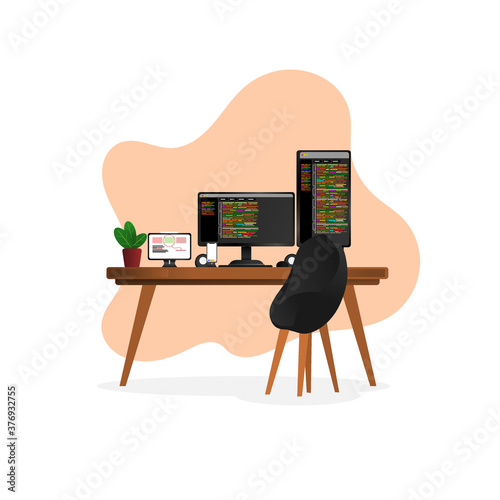 Programming setup flat vector illustration, relevant to technology coorporation. EPS include layer by layer