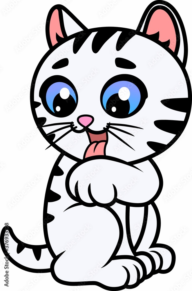 Cute cartoon kitten washing face. Licks a foot. Sticker, souvenir. Cute cartoon kitten washing face. Licks a foot. Sticker, souvenir.