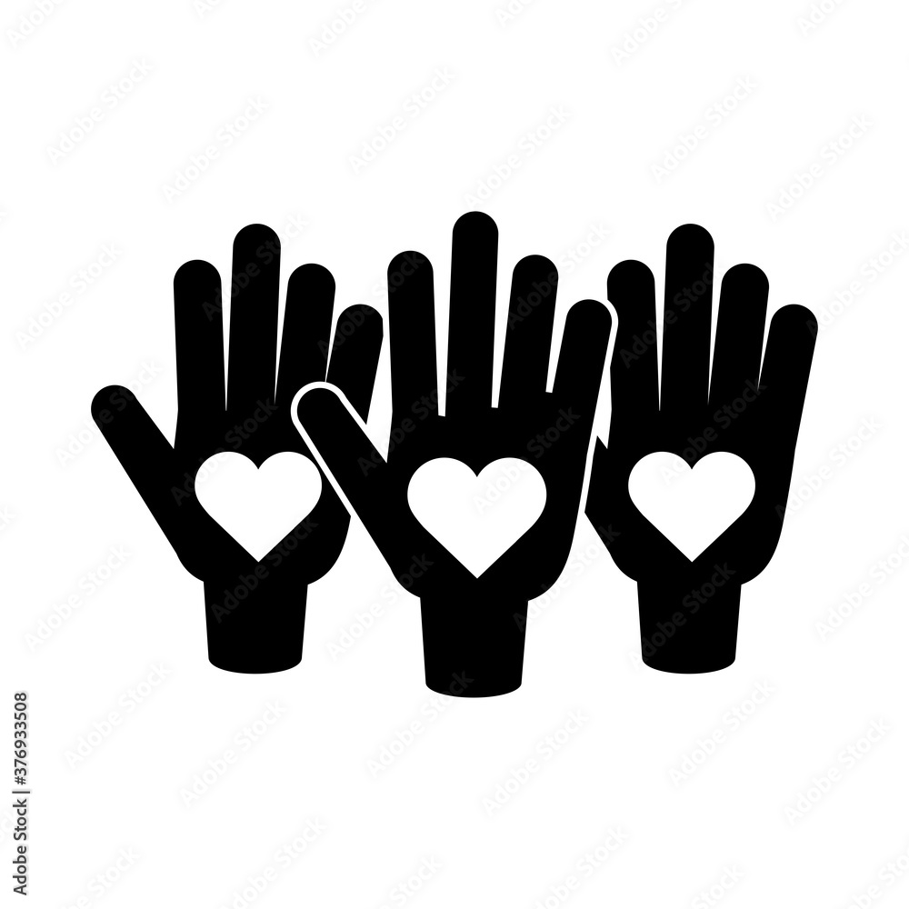 Obraz premium together, hands showing hearts in palms relation friendly pictogram silhouette style