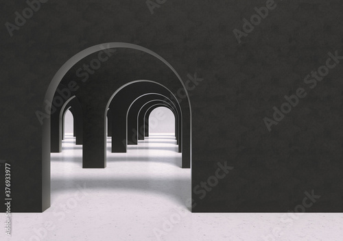Lots of black walls with round arches on a white marble floor. Black and white interior. Black wall with copy space. 3D rendering.