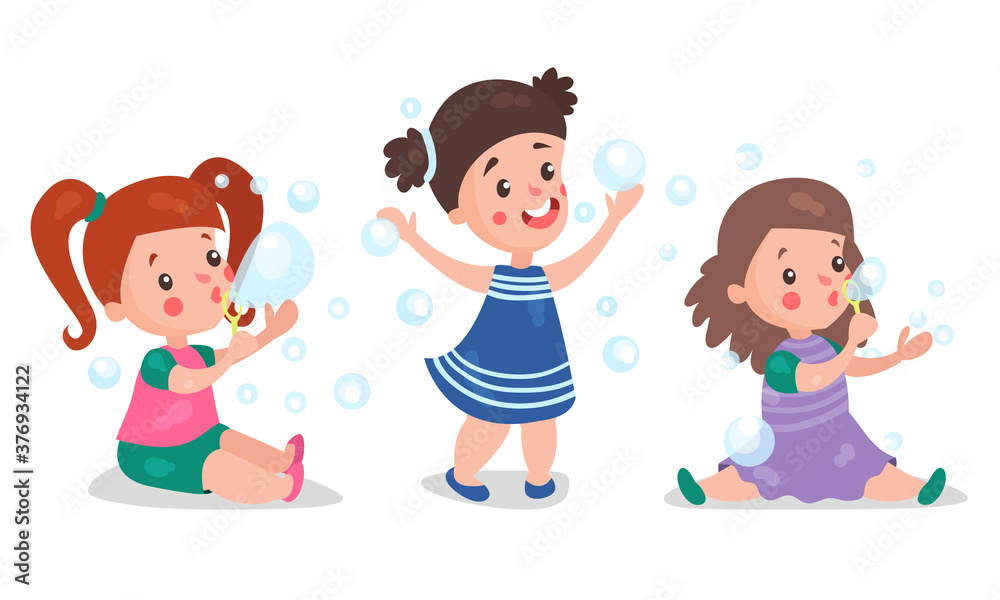 Cute Girls Playing with Soap Bubbles Vector Illustration Set
