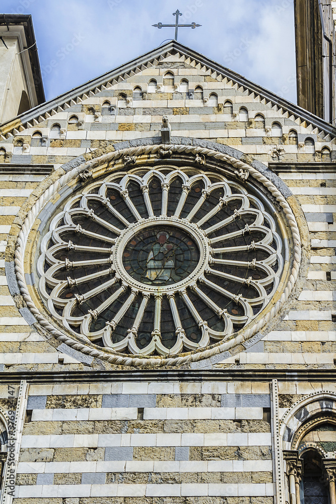 Fragment of Cattedrale di San Lorenzo (Cathedral of Saint Lawrence, 1118) in Genoa, Italy. Cathedral dedicated to Saint Lawrence (San Lorenzo) and is seat of Archbishop of Genoa.