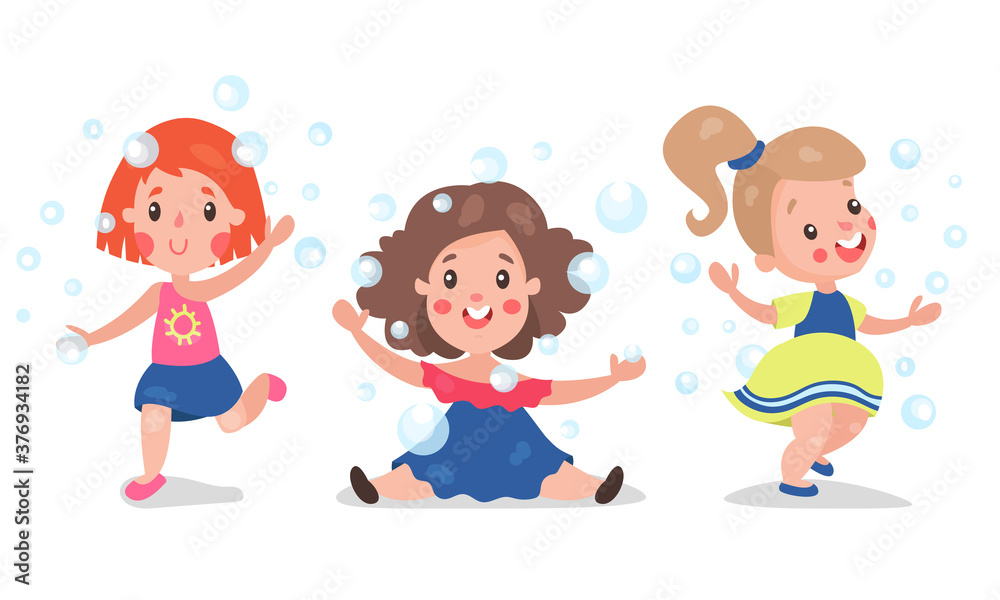 Cute Girls Playing with Soap Bubbles Vector Illustration Set Cute Girls Playing with Soap Bubbles Vector Illustration Set