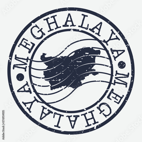 Meghalaya India Stamp Postal. Map Silhouette Seal. Passport Round Design. Vector Icon. Design Retro Travel.