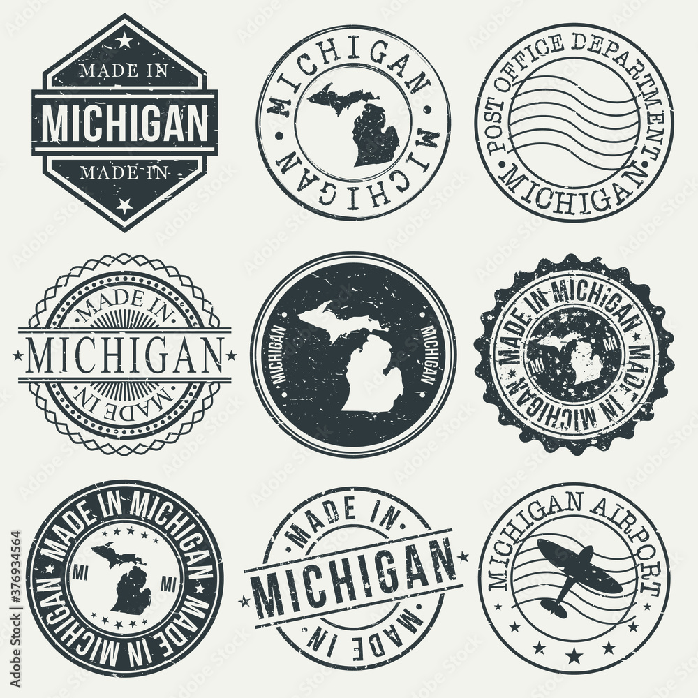 Michigan Set of Stamps. Travel Stamp. Made In Product. Design Seals Old Style Insignia.
