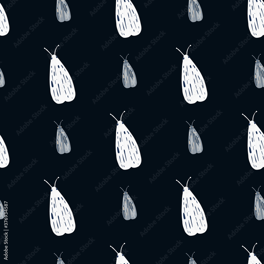 White and blue hand drawn night moth seamless pattern. Black background. Simple nature backdrop. White and blue hand drawn night moth seamless pattern. Black background. Simple nature backdrop.