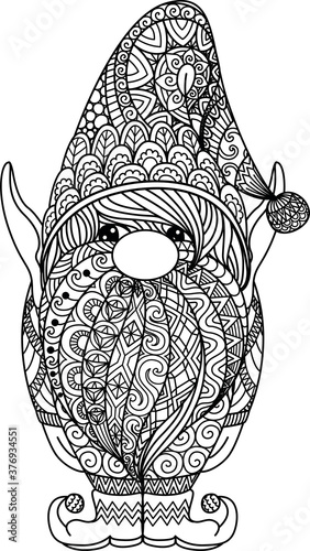 Line art design of cut gnome for coloring book, print on products and so on. Vector illustration