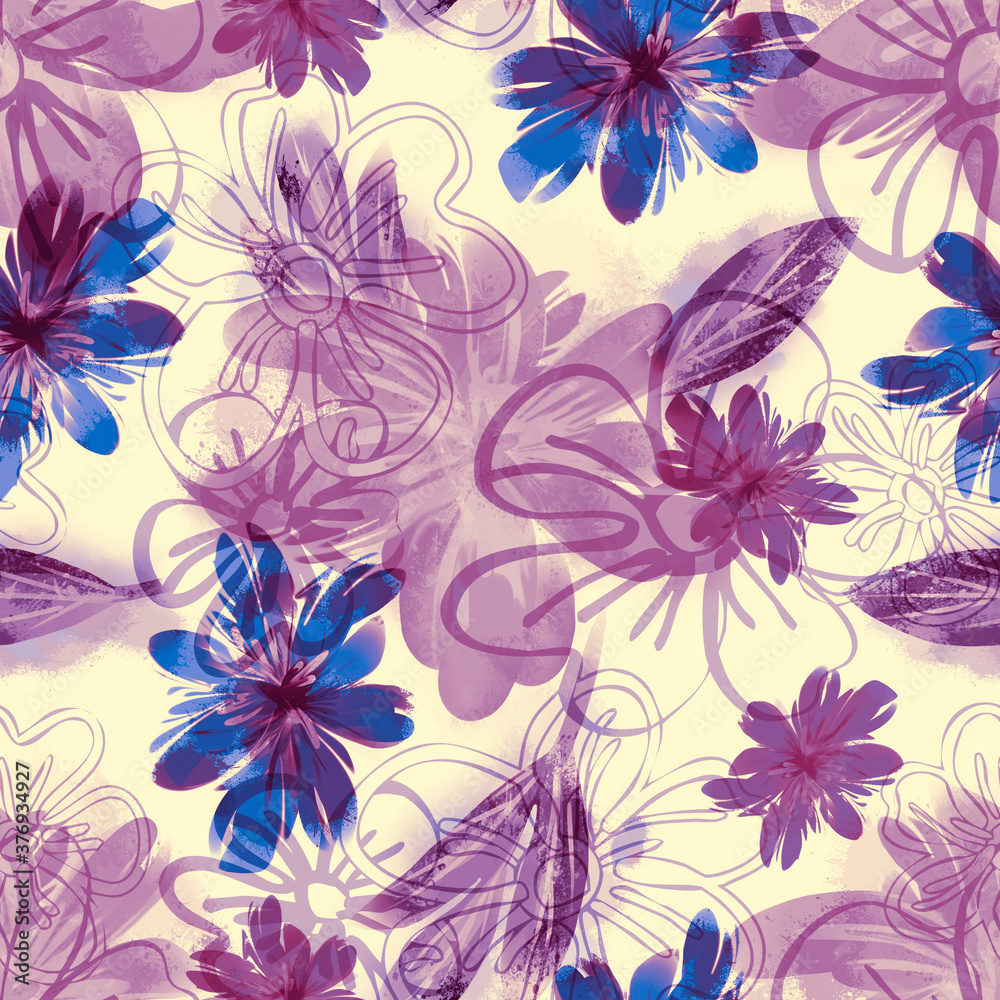 Stylized flowers seamless pattern.Watercolor Illustration.