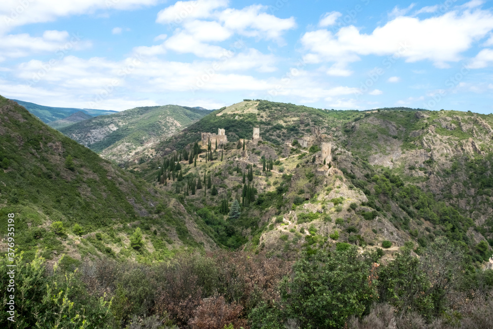 Fototapeta premium Ruins of four medieval cathar castles Lastours in the mountain valley of Pyrenees, France