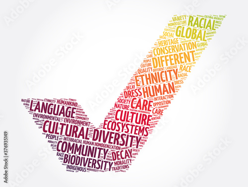 Cultural diversity check mark word cloud collage, concept background