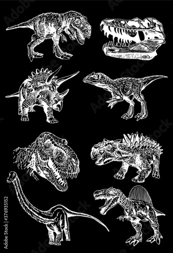 Vector set of dinosaurs, engraved illustration, paleonthology