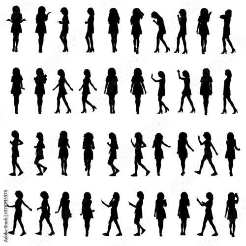 Many full body silhouettes of young woman in dress walking talking using phone or running. Side view and front. Layered vector illustration. 