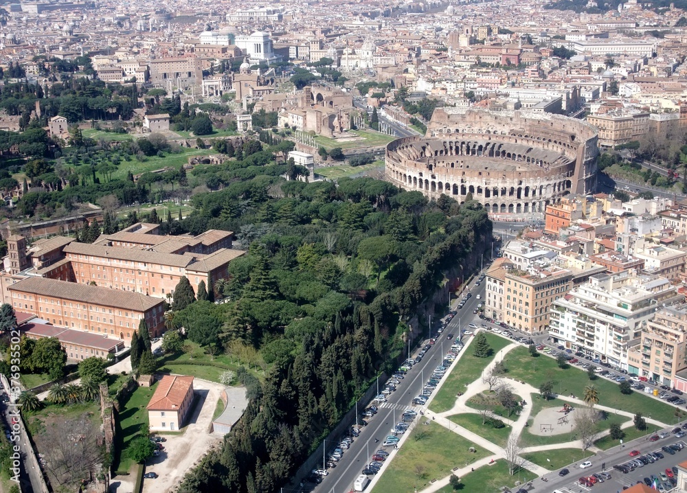aerial view of the Colosseum and surrounding area, Rome Italy 