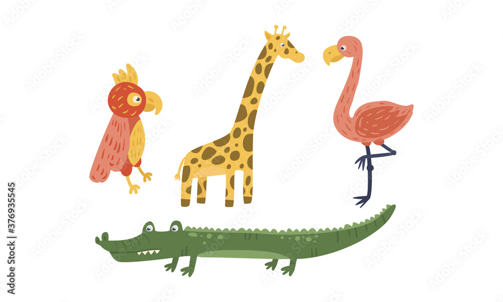 Fototapeta premium African Animals with Toothy Crocodile and Spotted Giraffe Vector Illustration Set