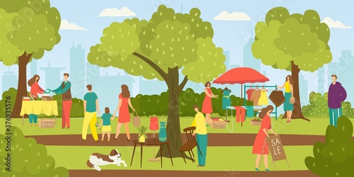 Street shops flee market, people selling cloths and shopping at walking street vector illustration. Second hand cloths, books and vintage things. Marketplace with people and garage sale.