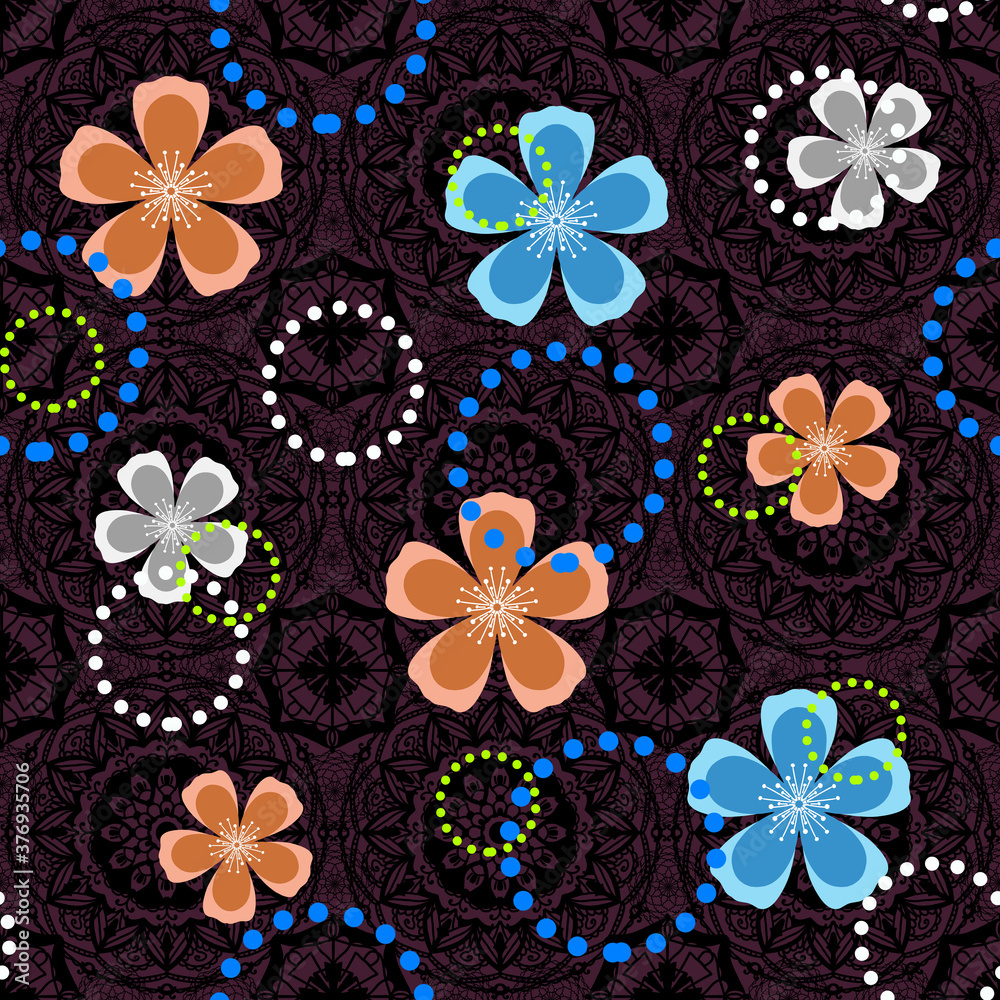 Fototapeta premium Seamless pattern with bright flowers and circles