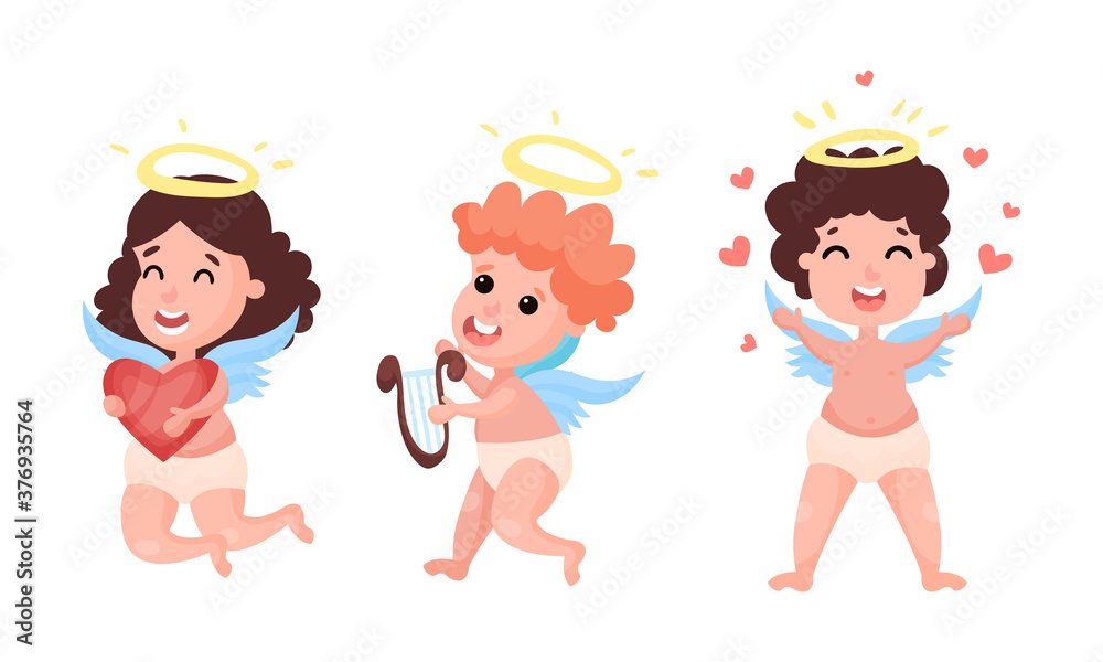 Cute Baby Angels with Nimbus and Wings Vector Set Cute Baby Angels with Nimbus and Wings Vector Set