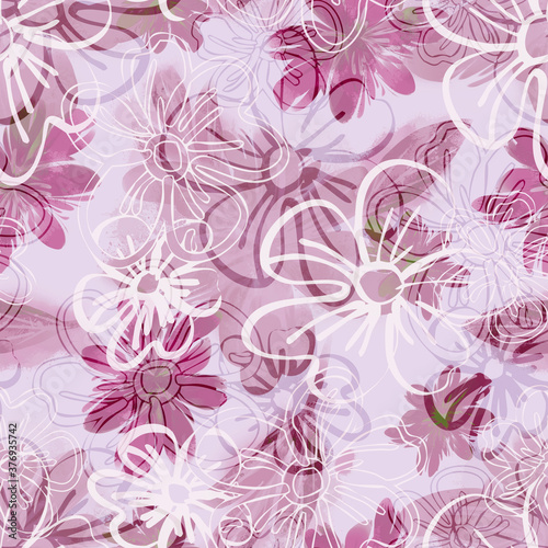 Stylized flowers seamless pattern.Watercolor Illustration.