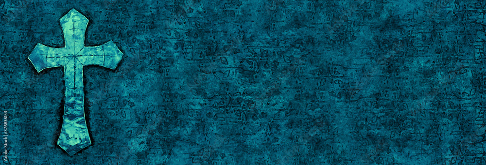 WIDE painting, ink cross with printmaking texture in dark turquoise