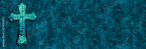 WIDE painting, ink cross with printmaking texture in dark turquoise