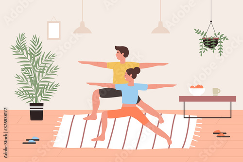 Couple yoga exercises vector illustration. Cartoon lover or friends people doing yoga asana pose, workout in home interior of living room, active man woman character exercising together background