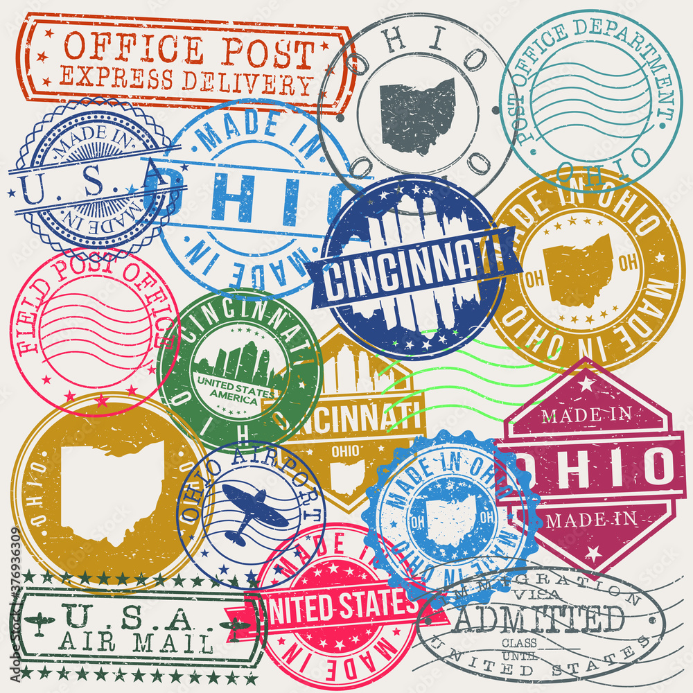 Cincinnati Ohio Set of Stamps. Travel Stamp. Made In Product. Design