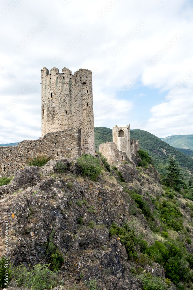 Ruins of four medieval cathar castles Lastours in the mountain valley of Pyrenees, France