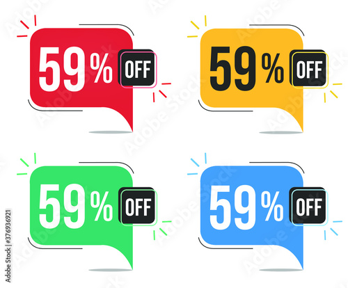 59% off. Red, yellow, green and blue tags with fifty-nine percent discount. Banner with four colorful balloons with special offers vector.