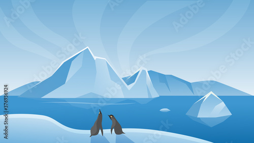 Arctic Antarctic landscape vector illustration. Cartoon marine life natural scene with iceberg, ice glacier and penguins standing next to blue sea or ocean water, scenic northern icy nature background