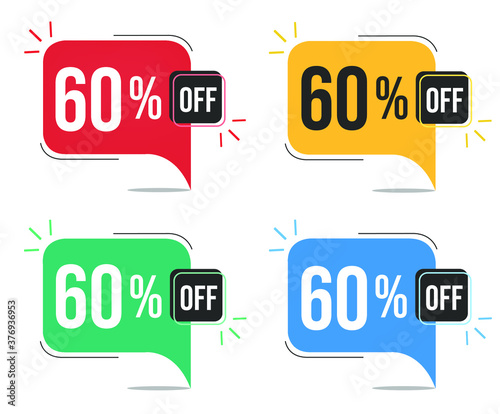 60% off. Red, yellow, green and blue tags with sixty percent discount. Banner with four colorful balloons with special offers vector.