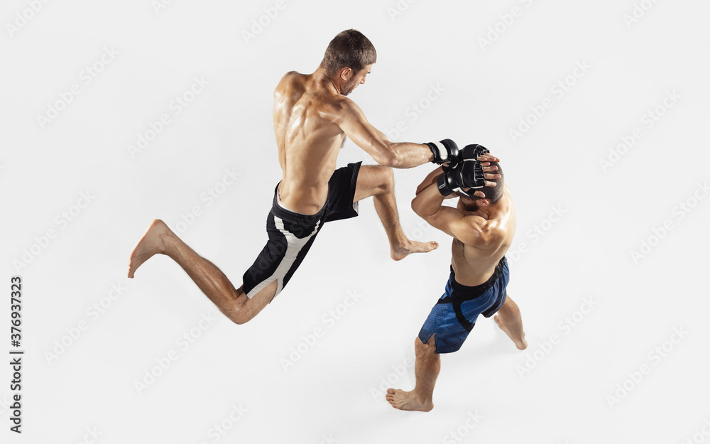 Two professional MMA fighters boxing isolated on white studio background. Top view of couple of muscular athletes. Sport, healthy lifestyle, competition, dynamic and motion, action concept. Copyspace.