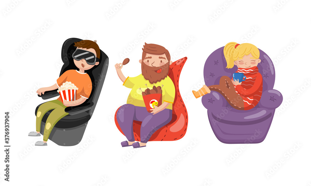 Fototapeta premium People Characters Sitting in Cozy Chairs and Resting Vector Illustration Set