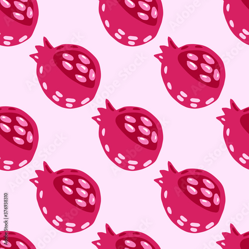 Hand drawn garnet seamless stylized fruit pattern. Simple pomegranate ornament in pastel pink tones.