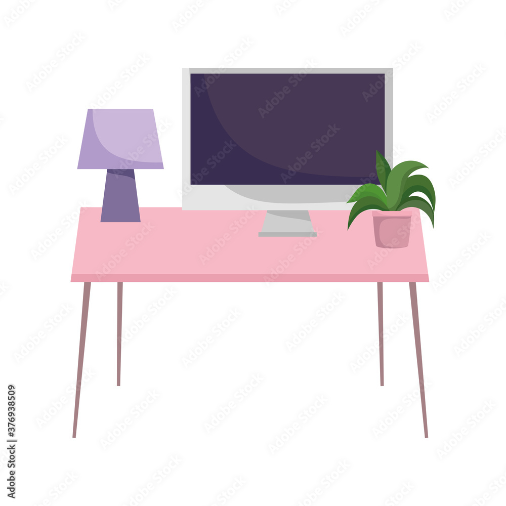workspace desk lamp computer and plant isolated design white background workspace desk lamp computer and plant isolated design white background