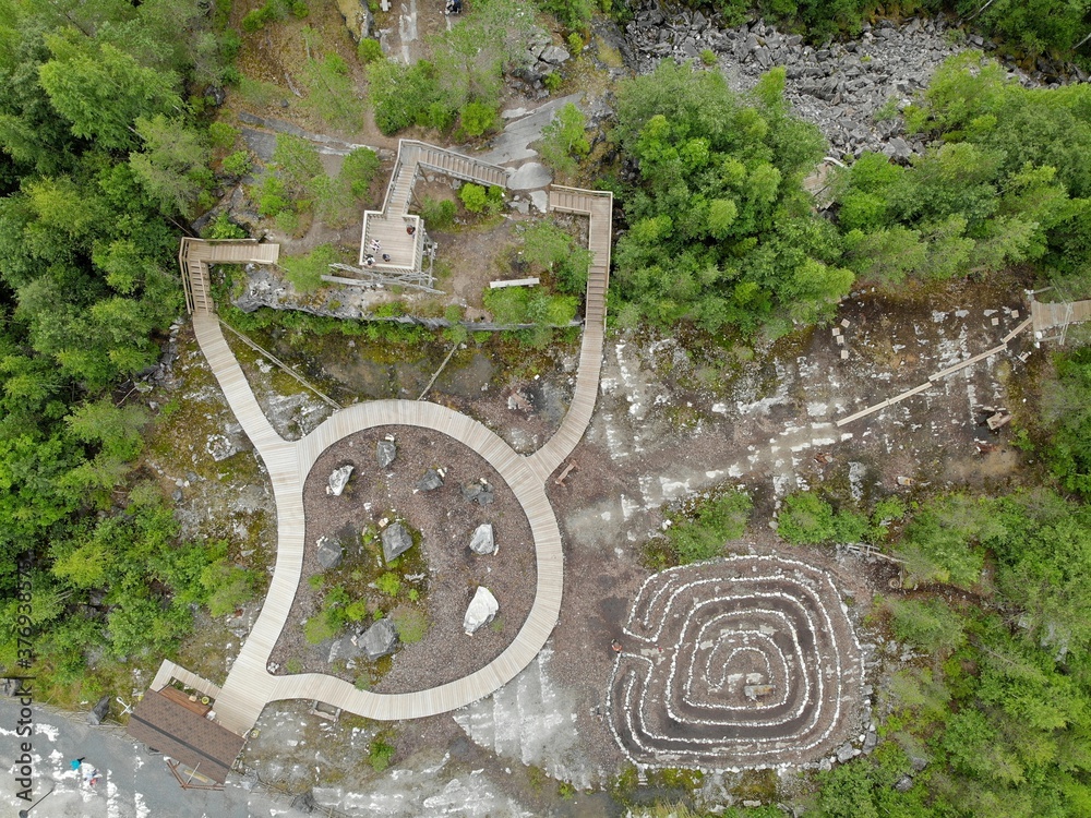 Aerial view from top down paths and maze in Ruskeala Russian Karelia. Ladoga