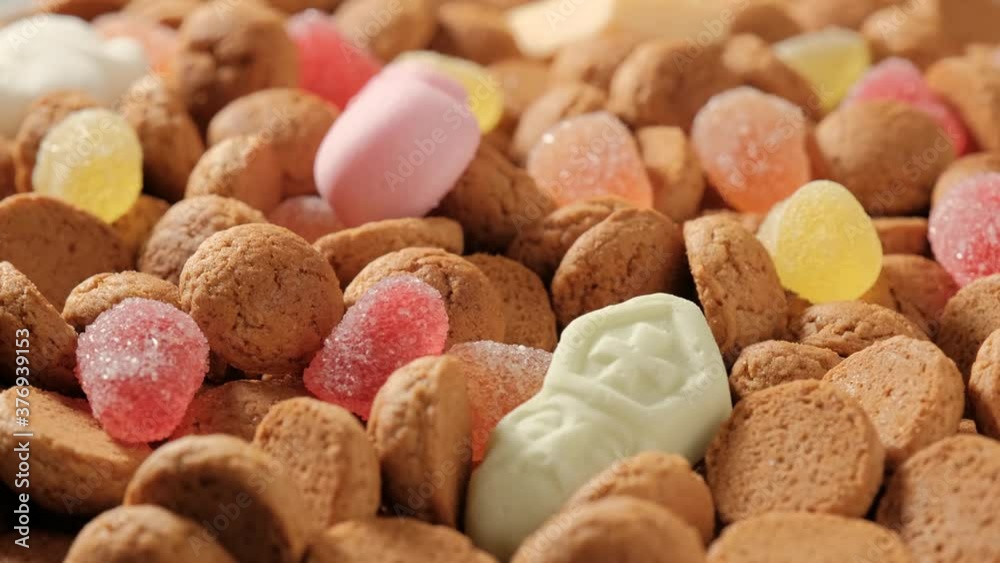 Rotation of kruidnoten, traditional sweets, strooigoed. Background for Dutch holiday Sinterklaas. St. Nicolas day concept. 4K video, 50 fps