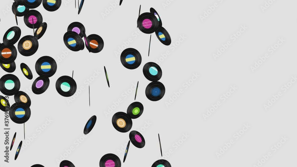 Flying many vinyl records on black background. Old technology. Retro design. 3D animation of music record rotating. Loop animation. Flying many vinyl records on black background. Old technology. Retro design. 3D animation of music record rotating. Loop animation.