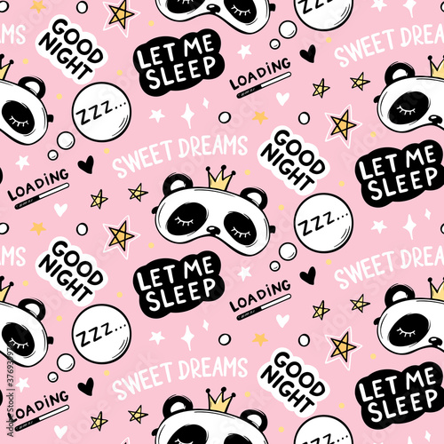 Vector seamless pattern with Cute Panda bear in crown sleep masks, good night lettering quote