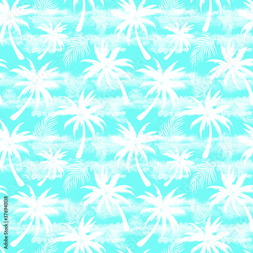 palm tree beach seamless pattern on blue background