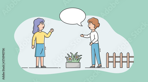 Concept Of People Communication. Two Young Women Discussing Something On The Street In The Garden Together. Female Characters Argue Or Quarrel. Cartoon Linear Outline Flat Style. Vector Illustration