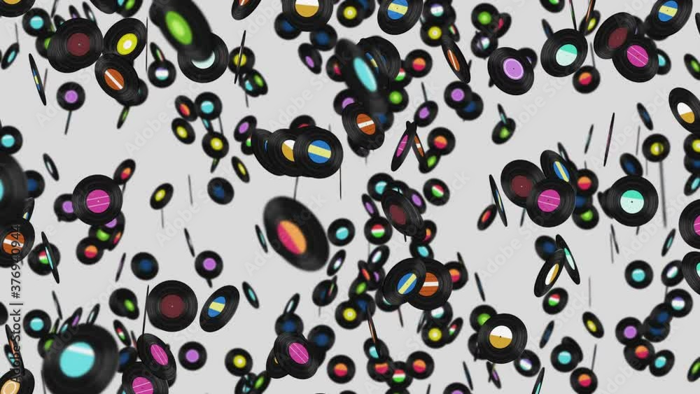 Flying many vinyl records on black background. Old technology. Retro design. 3D animation of music record rotating. Loop animation. Flying many vinyl records on black background. Old technology. Retro design. 3D animation of music record rotating. Loop animation.