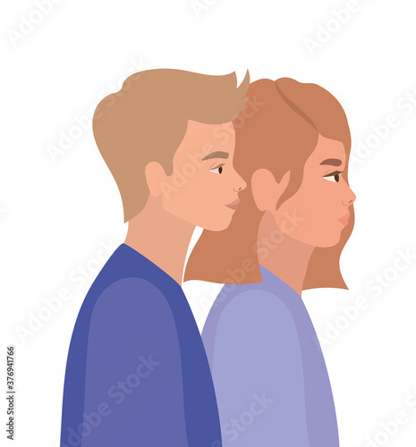 brown hair woman and blond man cartoon in side view vector design